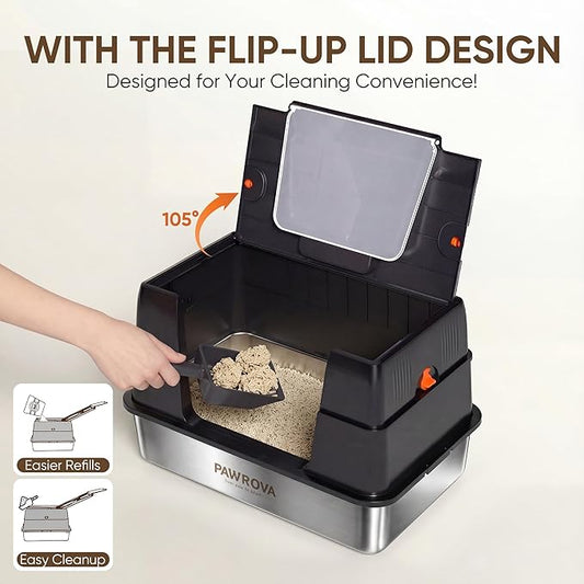 Stainless Steel Litter Box with Lid, XL Metal Litter Box for Big Cats, Premium 304 Stainless Steel, Leak-Proof Enclosed High Sides,Odor Resistant & Easy Clean, Flip-Up Lid with Scoop & Mat (Black)
