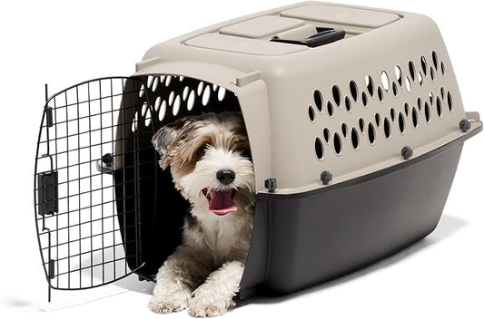 Petmate Vari Dog Kennel Portable Carriers & Crates for Smaller Dogs or Puppies and Pets 10 to 20 lbs, Airline-Friendly Plastic Pet Carrier Home and Travel, 24" Long, Taupe & Black, 24” x 16.7” x 14.5”