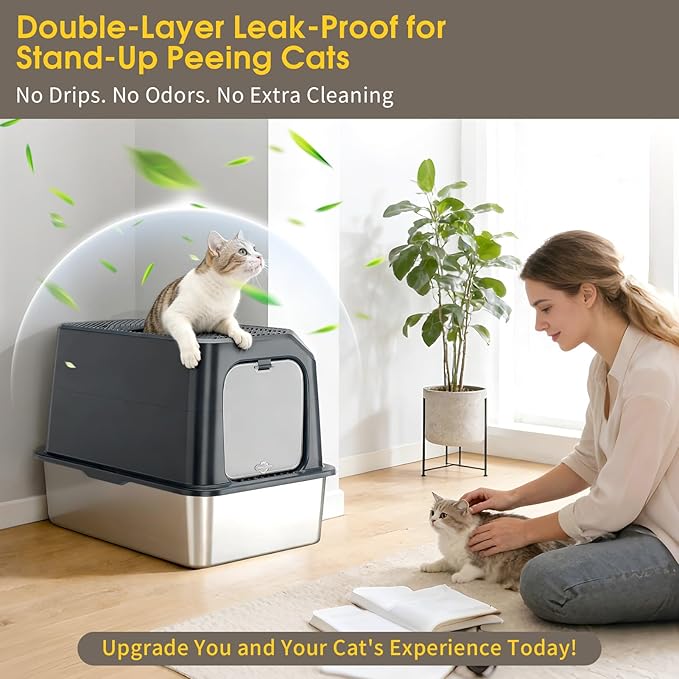 Large Stainless Steel Cat Litter Box with Lid - Odor-Resistant & Enclosed Design, Anti-Leakage & Non-Sticky Surface for Easy Cleaning (Gray)