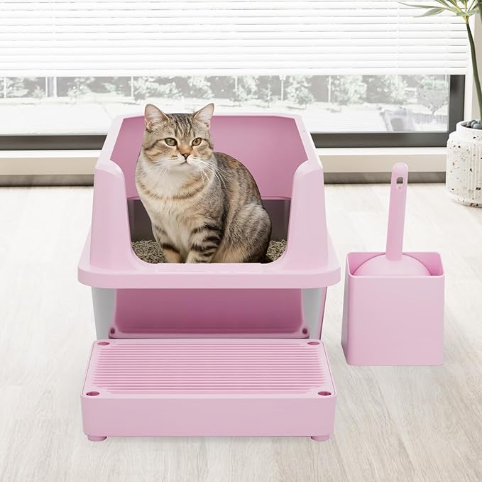 RIZZARI Cat Litter Box: Pink Stainless Steel Odor Control Pan - Easy Clean Non-Porous - 11.6" High Sides Anti-Scatter - Open Top for Fast Scooping - with Scoop - Apartment Bathroom/Laundry Room
