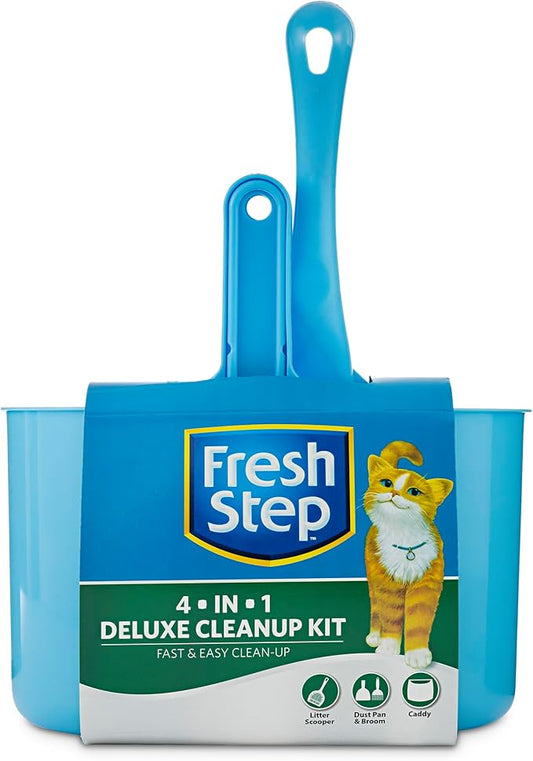 Fresh Step 4-in-1 Deluxe Litter Cleanup Kit - Cat Scoop, Broom, Dust Pan, and Hanging Caddy, Compatible with Standard Plastic Litter Pans and Disposable Litter Boxes, Blue