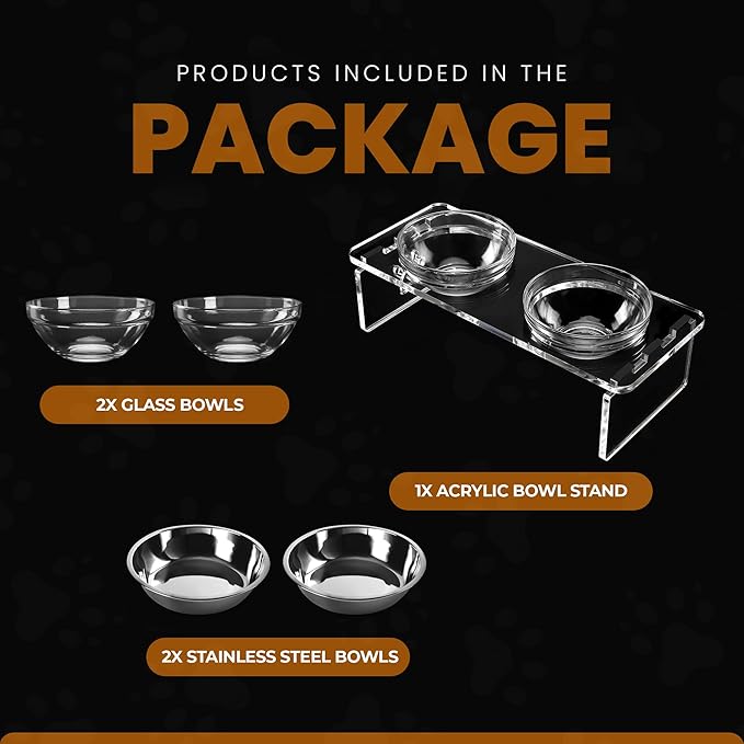 Elevated Dog Bowls for Medium Dogs – 5.5” Acrylic Raised Pet Feeder Stand with 2 Stainless Steel & 2 Glass Removable Bowls – Food & Water Dish Set