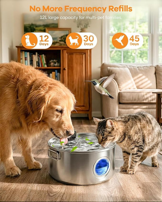 3.4Gal Wireless Automatic Dog Water Fountain for Large Dogs,12L Stainless Steel 3 Modes Dog Fountain Water Bowl Dispenser, Multi Large Pet Water Fountain Ultra Quiet & Multi-Filteration