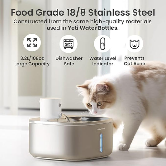 Pawspik Stainless Steel Cat Water Fountain,108 oz/3.2 L Cat Water Dispenser, Battery Operated Dog Fountain,Water Bowl, Automatic Pet Fountain with Motion Sensor, 5000 mAh Battery