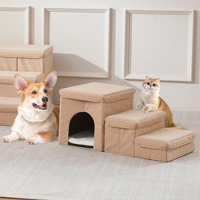 Dog Stairs for Small Dogs with Storage and Condo,Foldable Pet Stairs for Small Medium or Puppy Dogs and Older Cats, Dog Steps for Bed or Couch(Beige,13" H)