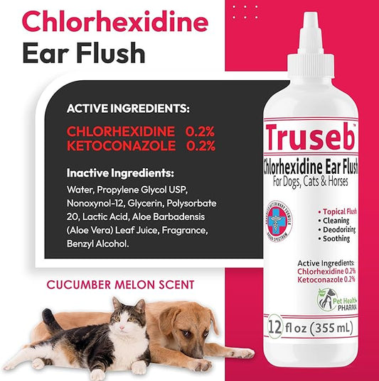 Truseb Maximum Strength Dog Ear Infection Treatment Flush, Cat & Dog Ear Cleaner Solution Medicated with Chlorhexidine & Ketoconazole Helps with Ear Itching Redness Swelling (12 oz)