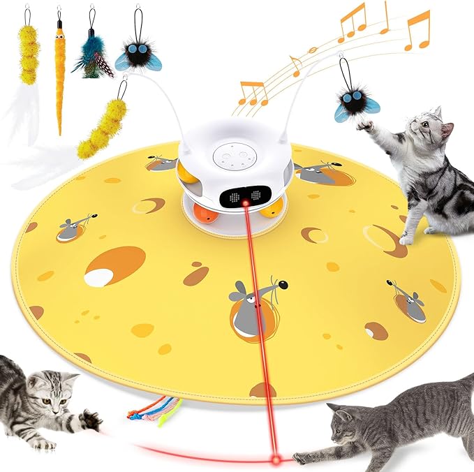 Interactive Cat Toys for Indoor Cats, 5 in 1 Hide and Seek Cat Toys with Automatic Laser and Motion Activated, Fluttering Feather & Dual Track Balls with Chirping for All Breeds, Rechargeable