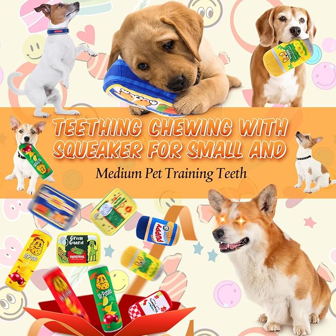 9 Pcs Can Dog Squeaky Plush Toys Set Food Jar Squeaky Toys Bulk Dog Interactive Funny Puppy Teething Chewing with Squeaker for Small and Medium Pet Training Teeth Doggie Birthday Gifts