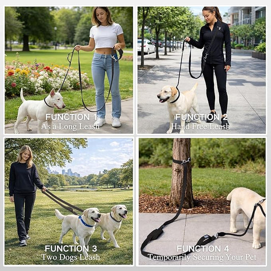 10FT Hands Free Dog Leash for Small Medium Large Dogs, Heavy Duty Reflective Dog Leash with Traffic Handle, Seat Belt Buckle & Poop Bag Holder (Black)
