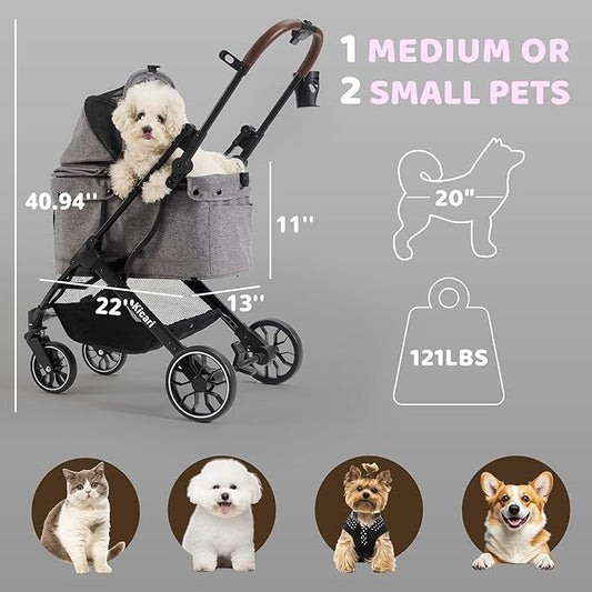 All-Terrain Dog Stroller for Small to Medium Dogs, Pet Stroller for Dogs & Cats Outdoor Walks, One-Hand Easy Fold, Double-Layer Anti-UV & Waterproof Canopy & Breathable Mesh, Charcoal Gray