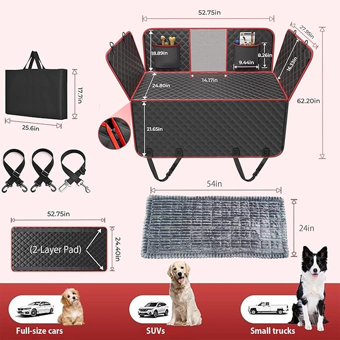 2-Layer Dog Car Seat Cover for Back Seat with Dog Bed Mats, Hard Bottom Car Seat Protector, Anti Scratch Backseat Extender and Travel Pet Bed, Waterproof Hammock in Car, for Car/SUV/Small Truck