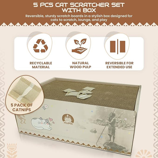 5 Pack Cat Scratching Boards | Reversible Cardboard Cat Scratcher with Catnip | Corrugated Cardboard cat Scratcher | Indoor Cat Scratch Pad | Durable Cat Scratcher Box | 16.34" L x 11.42" W x 5.51" H