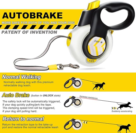 FIDA AutoBrake Retractable Dog Leash. Advanced Patented Design for Dog Pulling, 16 ft Heavy Duty No Pull Pet Walking Leash for Extra Large Breeds. Tangle Free, Soft Grip, X-Large Size.