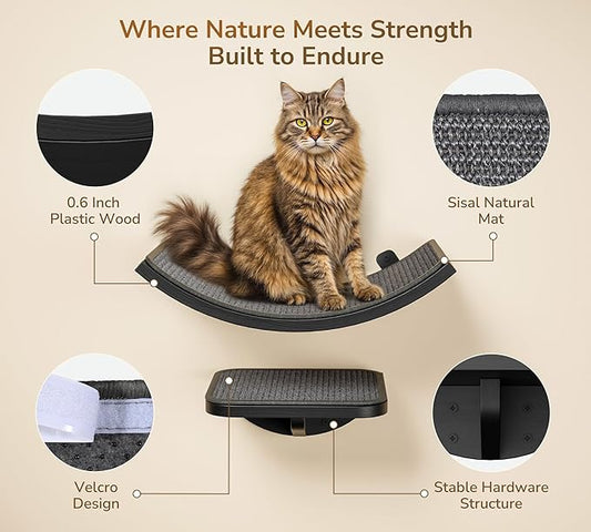 Cat Wall Shelves for Large Cats Set, Grey Curved Wall Sisal Bed and 2 Floating Wall Sisal Steps, Wall Mounted Climbing Shelves for Sleeping, Playing, and Lounging