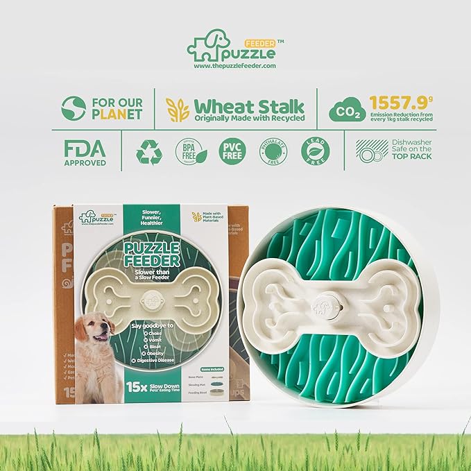 Puzzle Feeder Slow Feeder Dog Bowl - 9.8 Inches, Dry, Wet & Raw Food, Mealtime Fun Puzzle for All Breed Dogs, Green