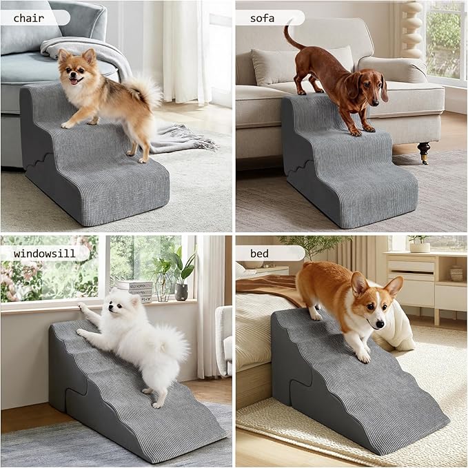 Pet Dog Stairs for Small Dogs, 2 in 1 Transformable 3-Step Pet Stairs and Wave Anti-Fall Slope for Short Legs and Long Legs Dog, for Couch (12-19 in) with Durable Non-Slip Waterproof Cover(Grey)