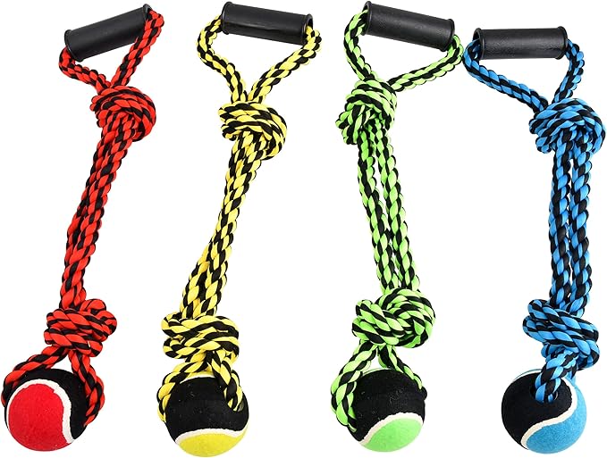 MULTIPET International 29524 20" Nuts for Knots 2-Knot Rope Tug W/Tennis Ball & Handle Assorted Colors
