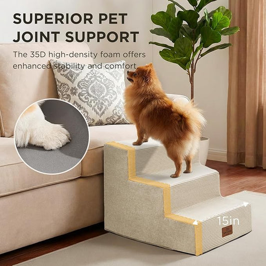 Joydeco Dog Stairs for Bed 15" H, 3-Step Pet Steps for Small Dogs and Cats, Dog Steps for High Bed, Non-Slip Balanced Ramp Indoor Pet Stairs, Beige
