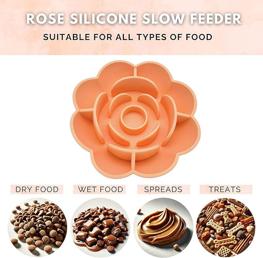Rose Slow Feeder Dog Bowl for Medium & Large Dogs, Silicone Anti-Gulping Dog Feeder with Suction Base, Non-Slip Slow Eating Design (Orange)