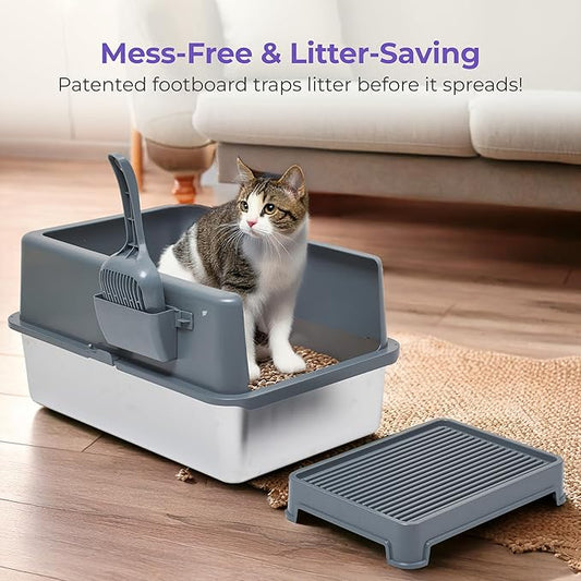 iPrimio Premium XL Stainless Cat Litter Box with Enclosure, 1 Scooper and Elevated Litter Mat - Durable, Easy to Clean and High Sides Cat Box with Step Scoop - Scratch and Bite Proof - Dark Grey