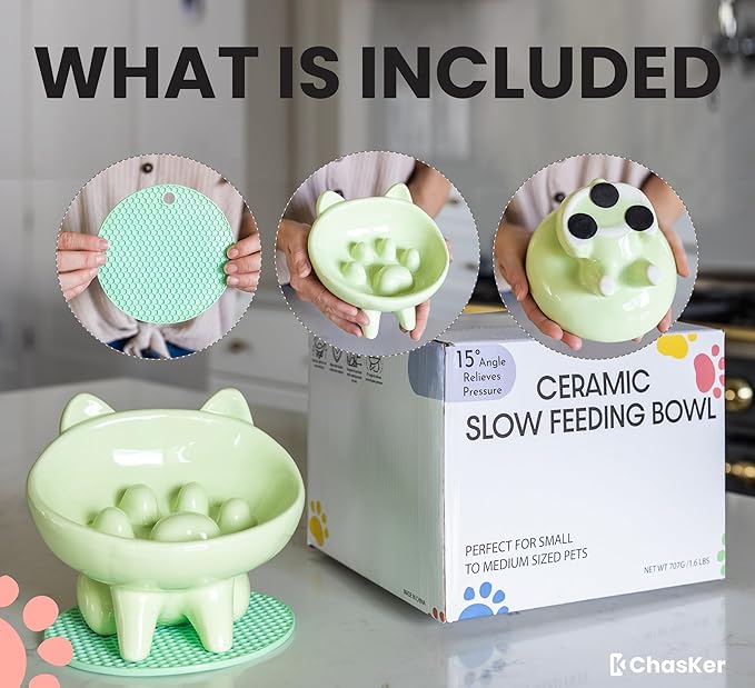 Ceramic Slow Feeder Bowl, Elevated CAT & Dog Slow Feeder, Wide-Mouth, PAW Design, Stylish Design, for Fast Eaters, Non Slip, Pets, Small & Medium Sized Breeds, (Green)