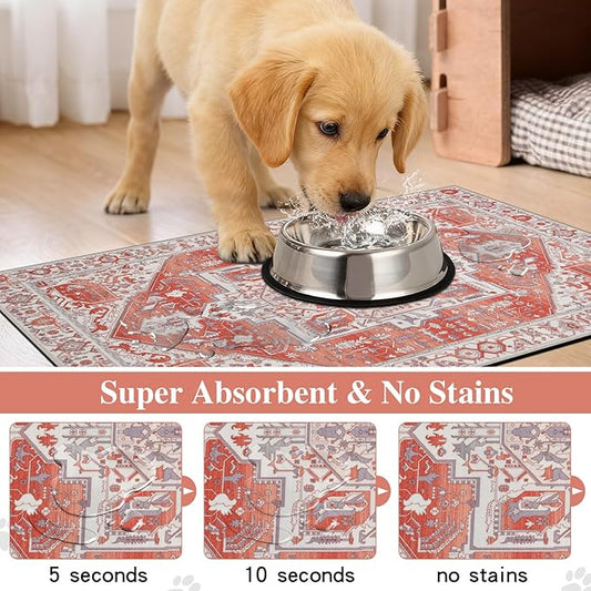 famibay Dog Food Mat, Absorbent Cat Dog Mats for Food and Water, No Stains Quick Dry Pet Cat Bowl Mats with Non Slip Backing, Boho Pet Feeding Mat for Floor Waterproof 16"x24"