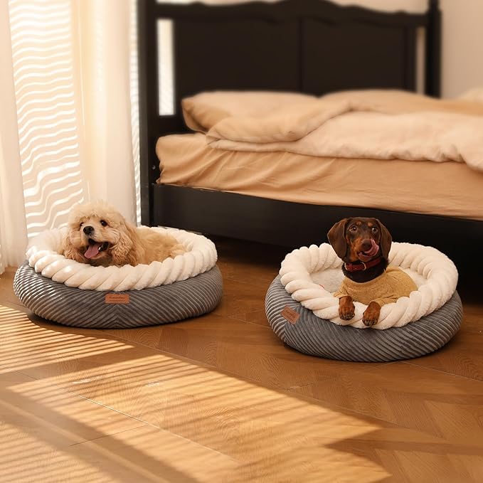 FUKUMARU Cat Bed, Calming Donut Dog Beds, Plush Faux Fur&Corduroy Cat Beds, Cute Round Washable Pet Bed for Large Cats and Small Dogs, Cat Cave with Anti-Slip Bottom, 21inch, Grey