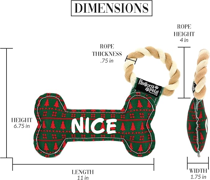 Pavilion - Naughty Or Nice - 11" Dog Bone Puppy Dog Toy with Rope Handle K-9 Furry Companion Christmas Present