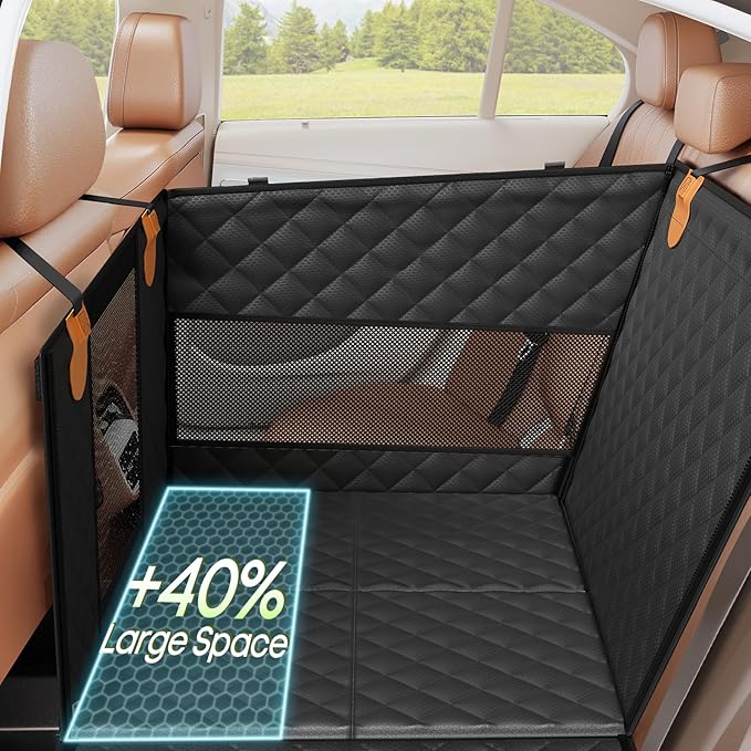Dog Car Seat for Large Medium Dogs, Back Seat Extender for Pets with Hard Bottom, Strong Support Waterproof Dog Seat Cover with 3 Mesh Windows for Cars, Trucks and SUVs