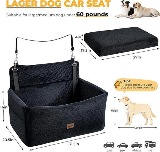Dog Car Seat for Large Medium Dogs up to 60 lbs or 2 Small Dogs – Elevated Dog Booster Seat for Cars 14in Height, Washable Pet Car Seat, Thick Cushion Backseat with 2 Safety Leashes(Black Full)