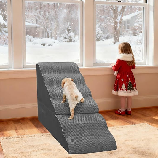 Dog Stairs for High Beds 30-36 inches Tall, 6-Step Dog Steps for Bed 32-36 inches for Small Large Dogs, Doggie Ramp for Bed, 30D Foam Pet Stairs for Old Dogs/Cats, Free-Installation, Grey