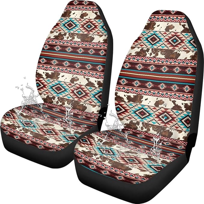 Aztec Cow Print Car Seat Covers Full Set of 2 Waterproof Breathable Car Seat Cover for Front Seats Elastic Fabrics Easy to Install Universal for Auto Truck Van SUV