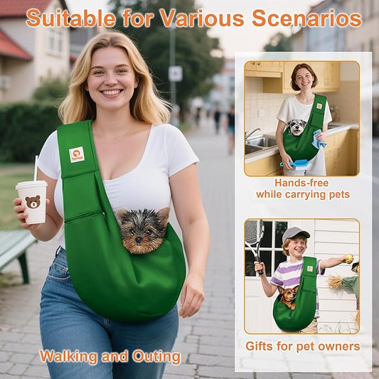 Tomkas Small Dog Cat Sling Carrier Puppy Purse Travel Wrap Soft Crossbody Pet Bag (Emerald Green, M - Zip Pocket & Adjust Strap)