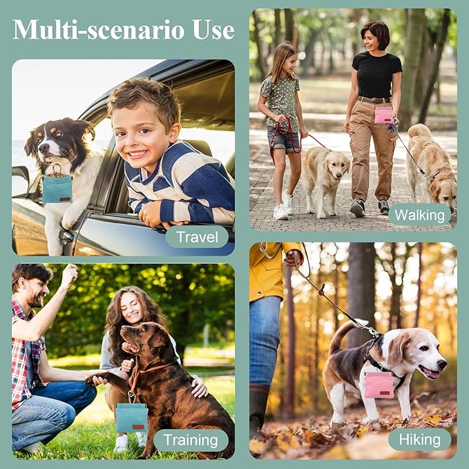 2Pcs Dog Treat Pouches for Pet Training, Hand Free Puppy Dogs Treat Bag with Carabiner, Portable Auto Closing Pet Dog Walking Bag for Travel or Outdoor Use, Pets Feed Snack Reward Pocket- Pink, Green