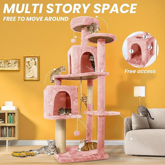 58in Large Cat Tree Tower for Indoor Cats with Soft Plush Hang Ball, Two Condos, Sisal Scratch Posts & Rope Play for Kittens/Adult Cats, Pink