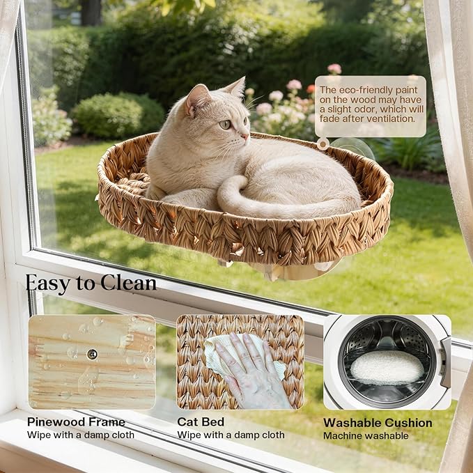 2 Ways Cat Window Perch with Solid Wood Frame, Wicker Design Cat Window Seat with 4 Suction Cups, Window Hammock for Cats Inside with Removable Cusion, Cat Hammock for Window & Wall