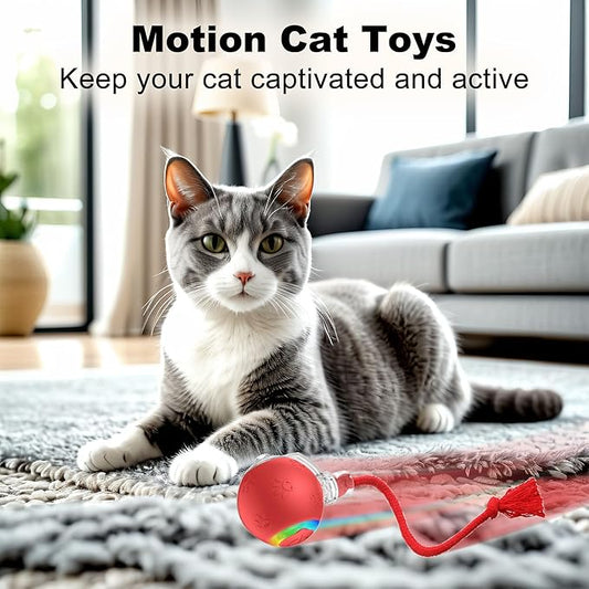 Quibron Interactive Cat Ball Toy with Flashing Lights & Bird Sounds - Multi-Surface Adaptive Roller, USB Rechargeable Motion-Activated Cat Teaser for Indoor Cats, Smart Enrichment Gift (Red)