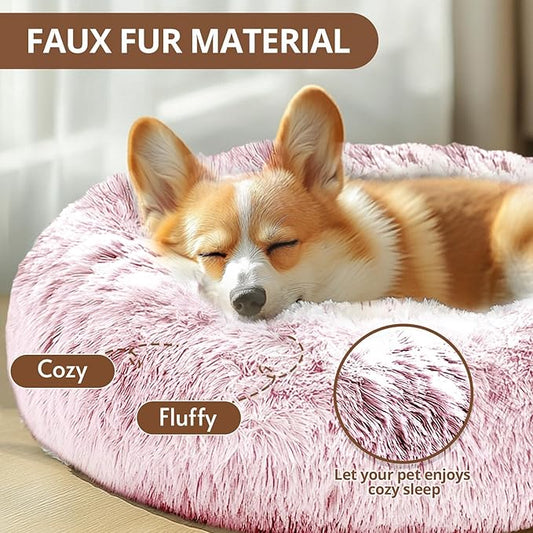 JOLLYVOGUE Calming Dog Bed Medium Size Dog, 31in Donut Washable Medium Pet Bed, Anti-Slip & Anti-Anxiety Fluffy Faux Fur Round Dogs Bed, Fits up to 45 lbs Pets (Smoke Pink)