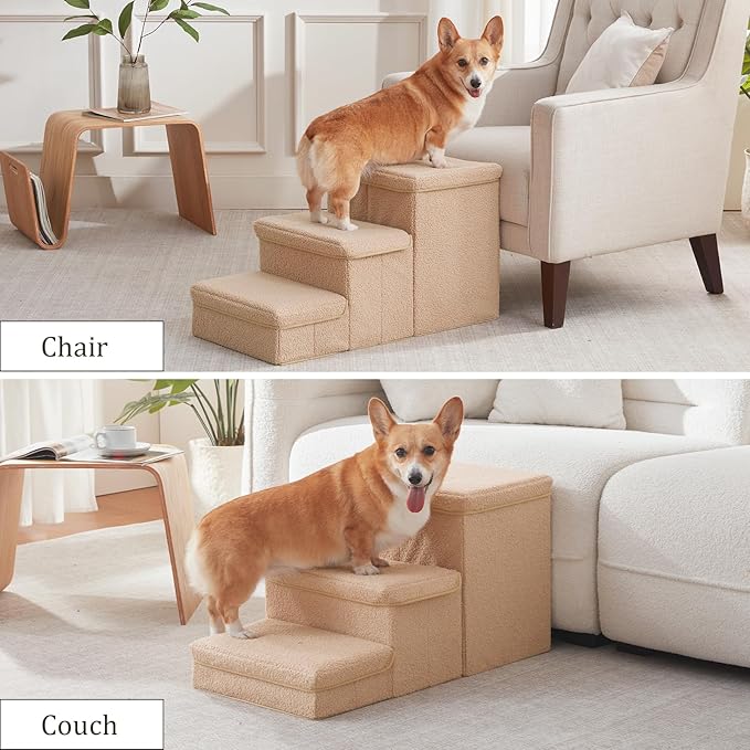 Dog Stairs with Storage, 3-Step Sturdy Dog Steps for Small Medium or Large Older Dogs Cats, Folding Pet Stairs Climbing Sofas, high beds, Windows and Cars (Beige, No Condo,16.7" H)