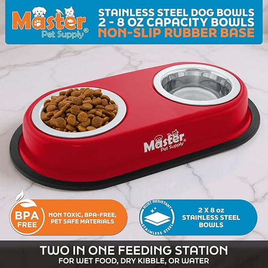 Master Pet Supply Double Dog Bowls Set with Elevated Base and 2 (8 oz) Stainless Steel Removable Dishes (Crimson Flame) – Double Cat Food Water Bowl, Dog Puppy Food Bowl Set, Rust Resistant