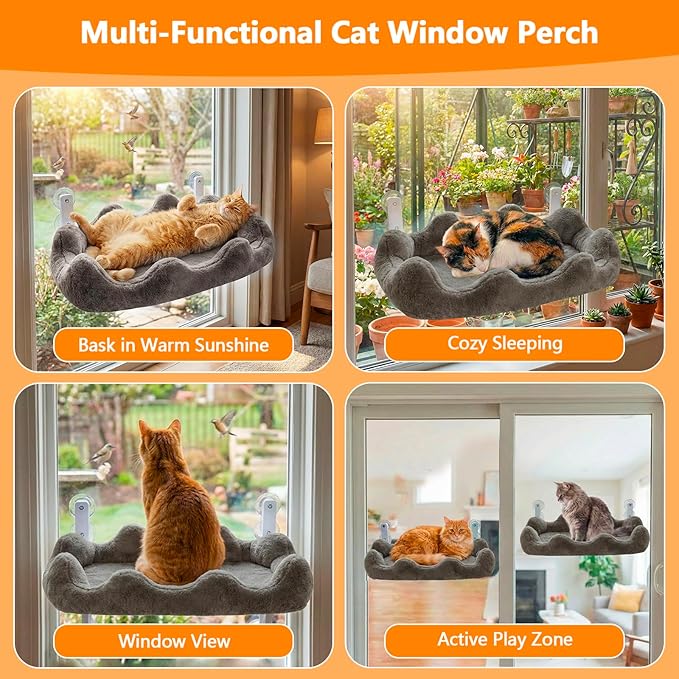 Homegroove Cat Window Perch, 24 x 12 Inch Foldable Cat Hammock for Window with 4-Sided Bolster & 4 Large Suction, Cloud Shape Cordless Window Bed for Indoor Cats (Gray, Large(24'' x 12''))