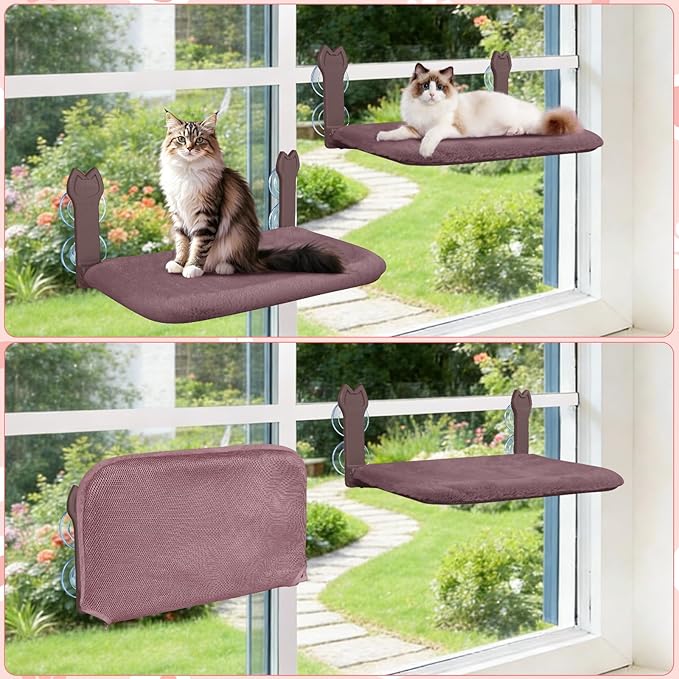 2 Pack Cat Window Perch,Cat Window Hammock Cordless Foldable Window Bed with 4 Large Strong Suction Cup,Reversible Cushion Cover,Metal Frame Easy to Adjust Window Seat Holds up to 40lbs(Brown)