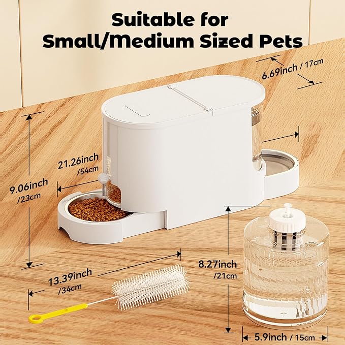 JUNSPOW Automatic Cat Feeder 2-in-1 Set, Gravity Cat Food Feeder and Water Dispenser, Dog Feeding & Watering Supply with Stailess Steel Bowls, Large Capacity Low Noise, White