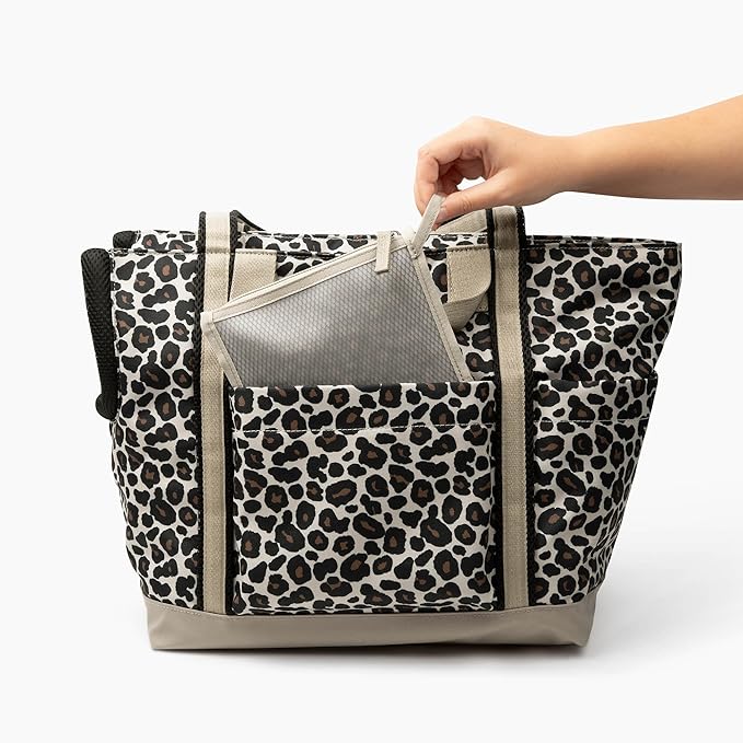 Cleverpup Transit Tote Dog Carrier for Small/Medium Dogs 8-20 lbs, 19x12x9 Soft-Sided 4-Pc Set with Waterproof Base, Plush Insert, Food Pouch, Mesh Head Opening - Medium, Leopard