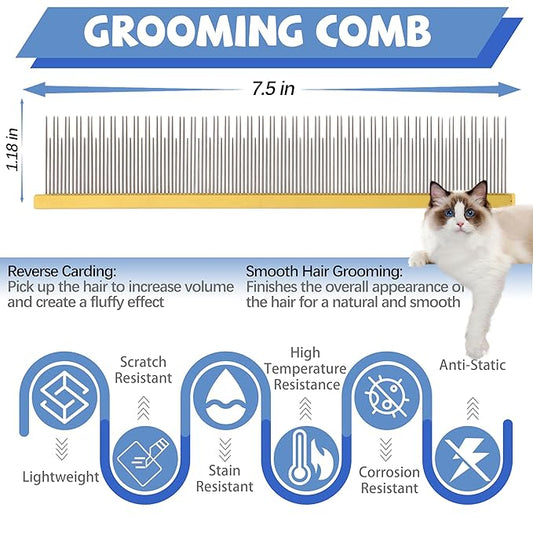 8.5 Inch Dual Tooth Pet Comb for Mats and Tangles,Professional Grooming Comb Removing Excess Hair for Long-Haired Cats and Dog Kit,Prevent Undercoat, Excess Hair,Mats and Tangles,Pet Essential
