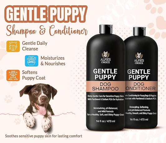 ALFIE'S CHOICE Puppy Shampoo and Conditioner Set | 16 fl oz Each | Gentle Formula for Sensitive & Itchy Skin | Panthenol & Sodium PCA | for Puppies, Adults & All Breeds | Made in USA