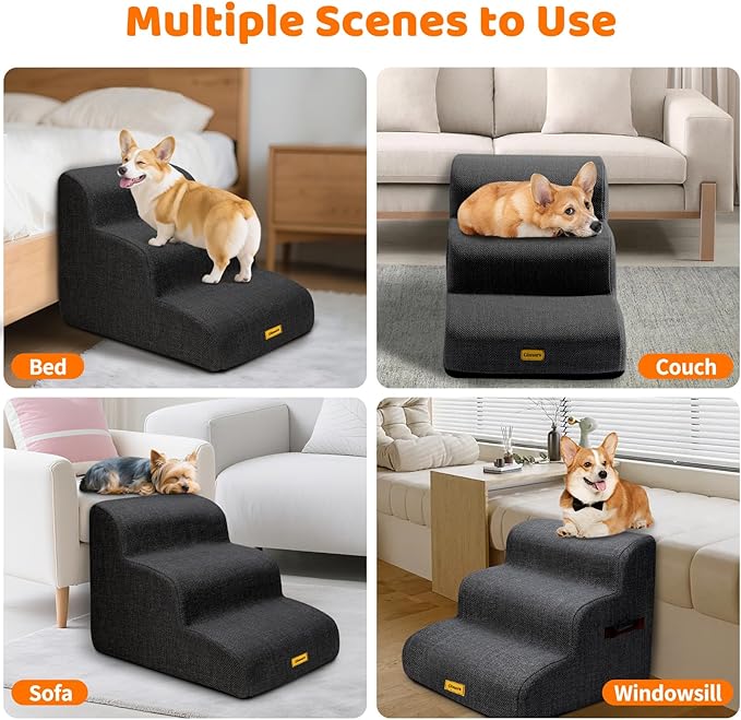 Gimars 30D High-Density Foam & Extra-Wide, Stable 3-Step Dog Stairs, 40cm High Pet Stairs with Washable Cover & Non-Slip Base, Portable Ramp for Small Dogs to Sofa, Bed, Couch, Car