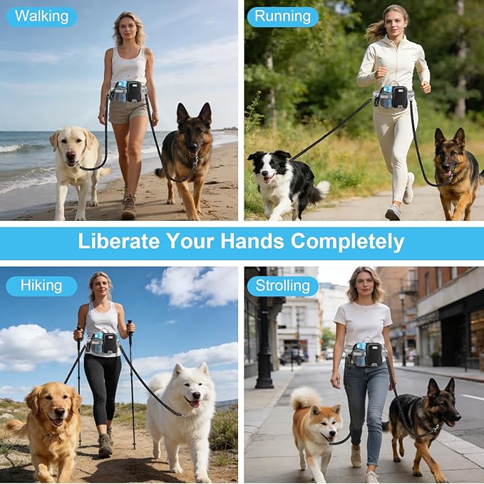 ETACCU Hands Free Dog Leash with Phone Pouch for 2 Dogs, Water Bottle Holder - Adjustable Waist Belt 19-38 Inch Belt Leash for Running, Reflective Shock Absorbing 48"-70" Extendable (Black 2)