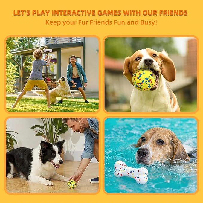 4 Pcs Large size Dog Balls(with 2 Pcs 6.5" Dog Bones), 3.15"Tennis Ball for Aggressive Chewers, Durable Bouncy Dog Toy Balls, Teething Cleaning Chew Toys, Water Toy Fetch Ball for Large Medium Dog
