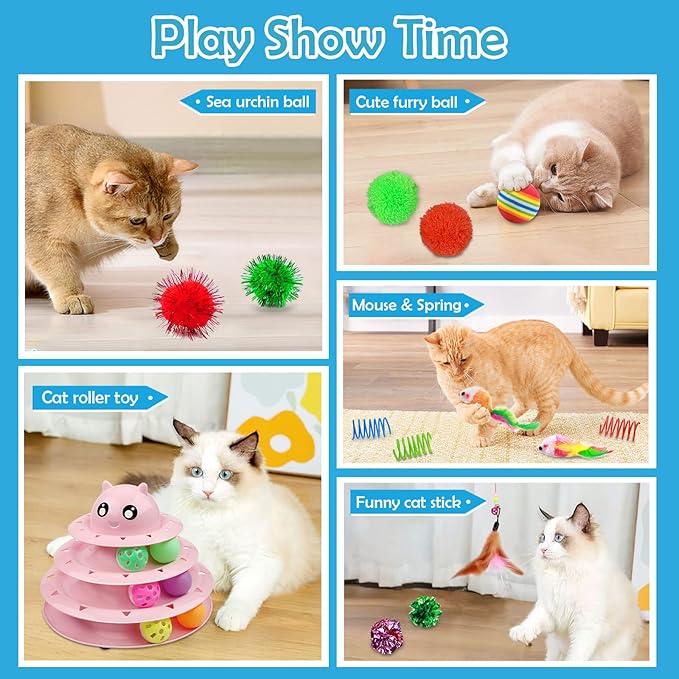 UPSKY 20 PCS Cat Toys - 3-Level Turntable Roller with Balls for Indoor Cats, Kitten Set with Teaser, Mice, Spring, and Various Ball Toys